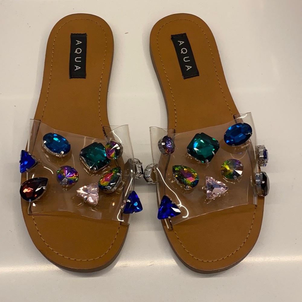 Aqua Trinket Embellished Slide Sandals - Picture 2 of 8